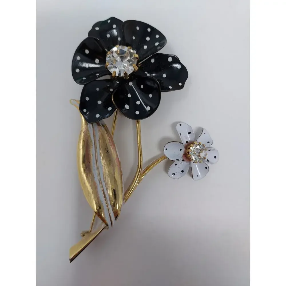 Vintage Enamel Flower Black White Polka Dots Rhinestone Avon 3.5
